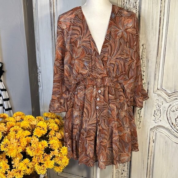 Olivaceous Bohemian Brown Floral Patterned Women's Babydoll Mini Dress/Romper - Picture 1 of 13